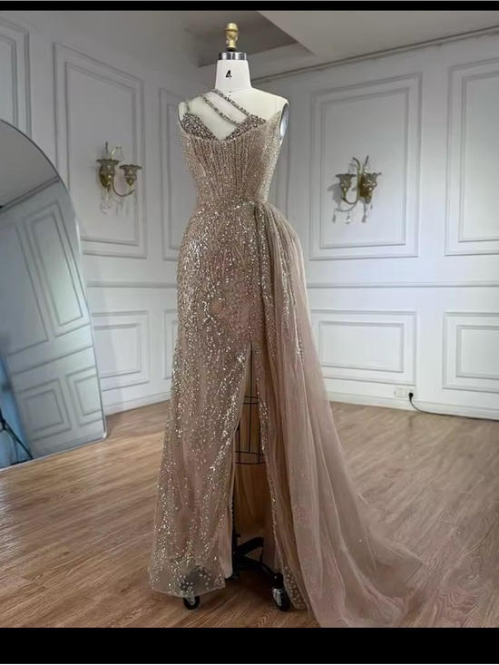 Dresses & Skirts - Embellished Champagne Evening Gown with Draped Train